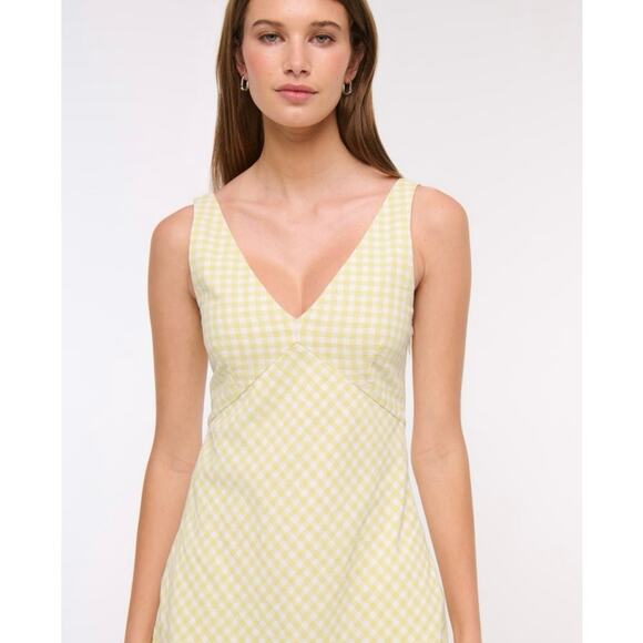 Abercrombie & Fitch Linen Gingham Mini Dress Yellow White V-Neck EUC Sz S - Picture 3 of 11